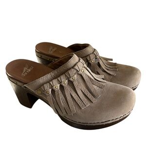 Dansko Deni Taupe Nubuck Tassel Mule Clogs 38. (US 7.5/8)